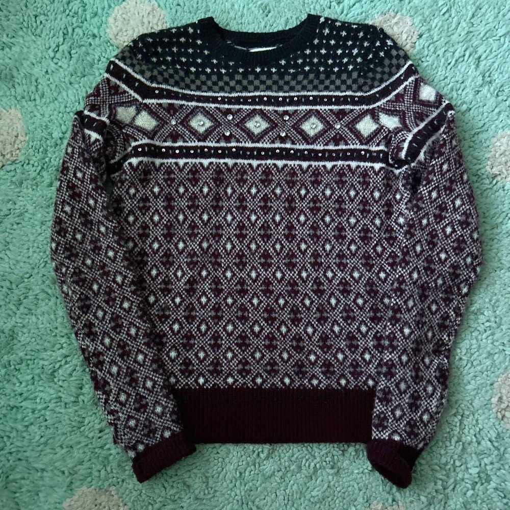 Abercrombie Sweater Women XS Holiday Pullover Navy Blue Burgundy Sparkle Jewel